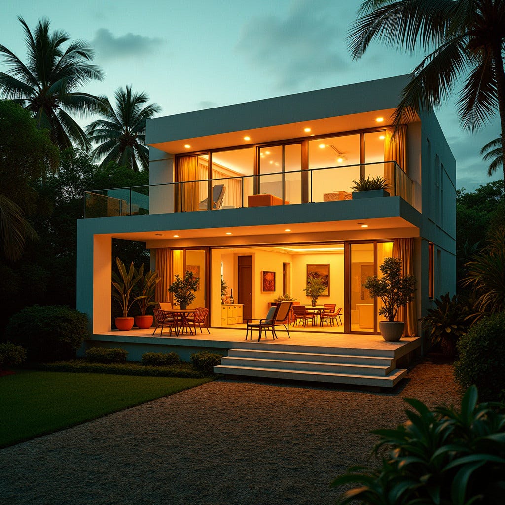 A modern home situated in the heart of Kingston City, Jamaica, bathed in warm, golden light, as if set aflame by the Caribbean sunset.