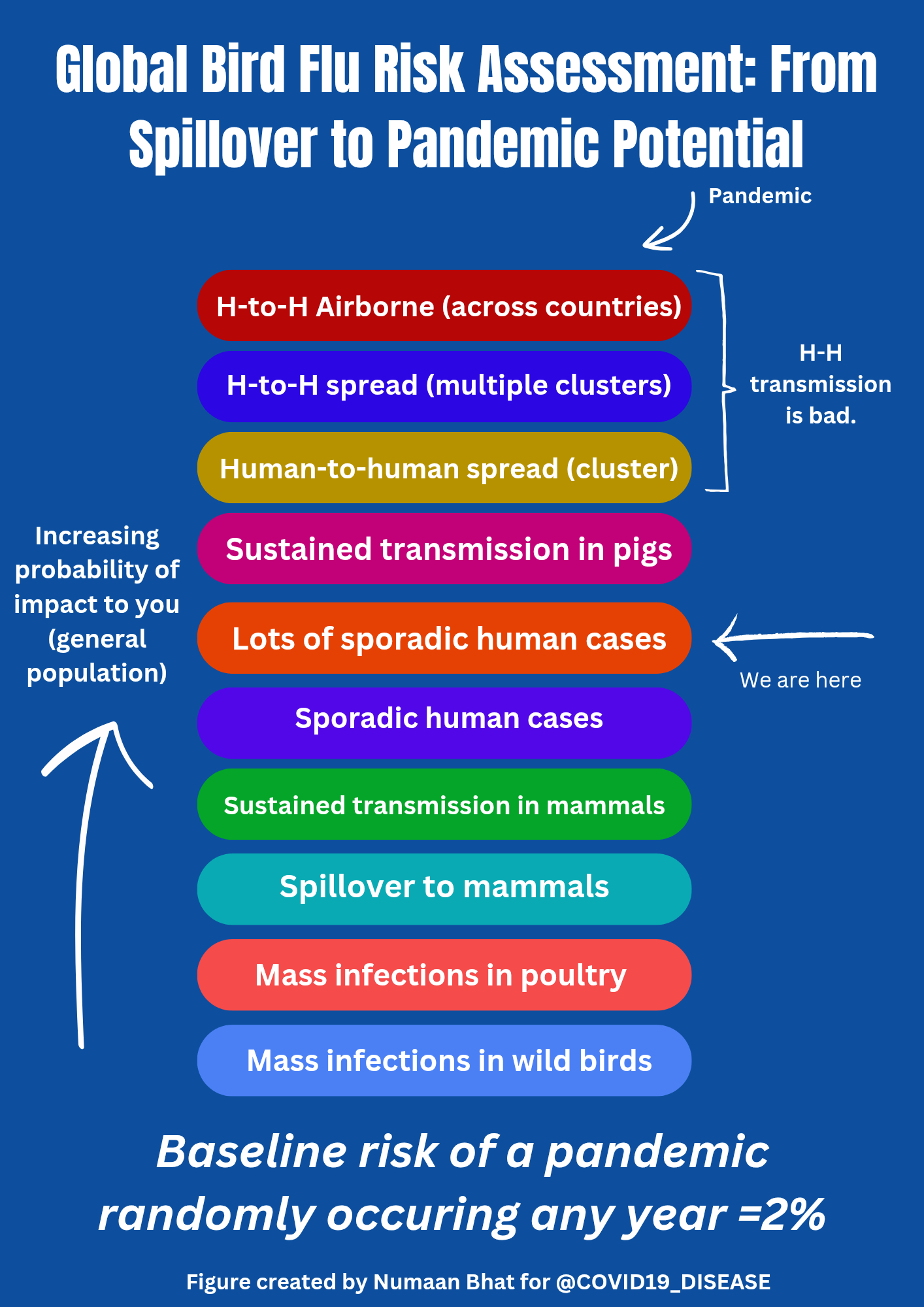A graphic showing how bird flu risk progresses. We are at the midway point of the approximately 9 steps.