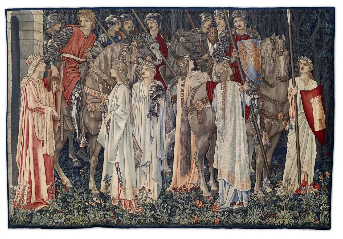 tapestry depicting mediaeval knights on horseback attended by willowy women with long robes and long braided hair with garlands tapestry depicting mediaeval knights on horseback attended by willowy women with long robes and long braided hair with garlands