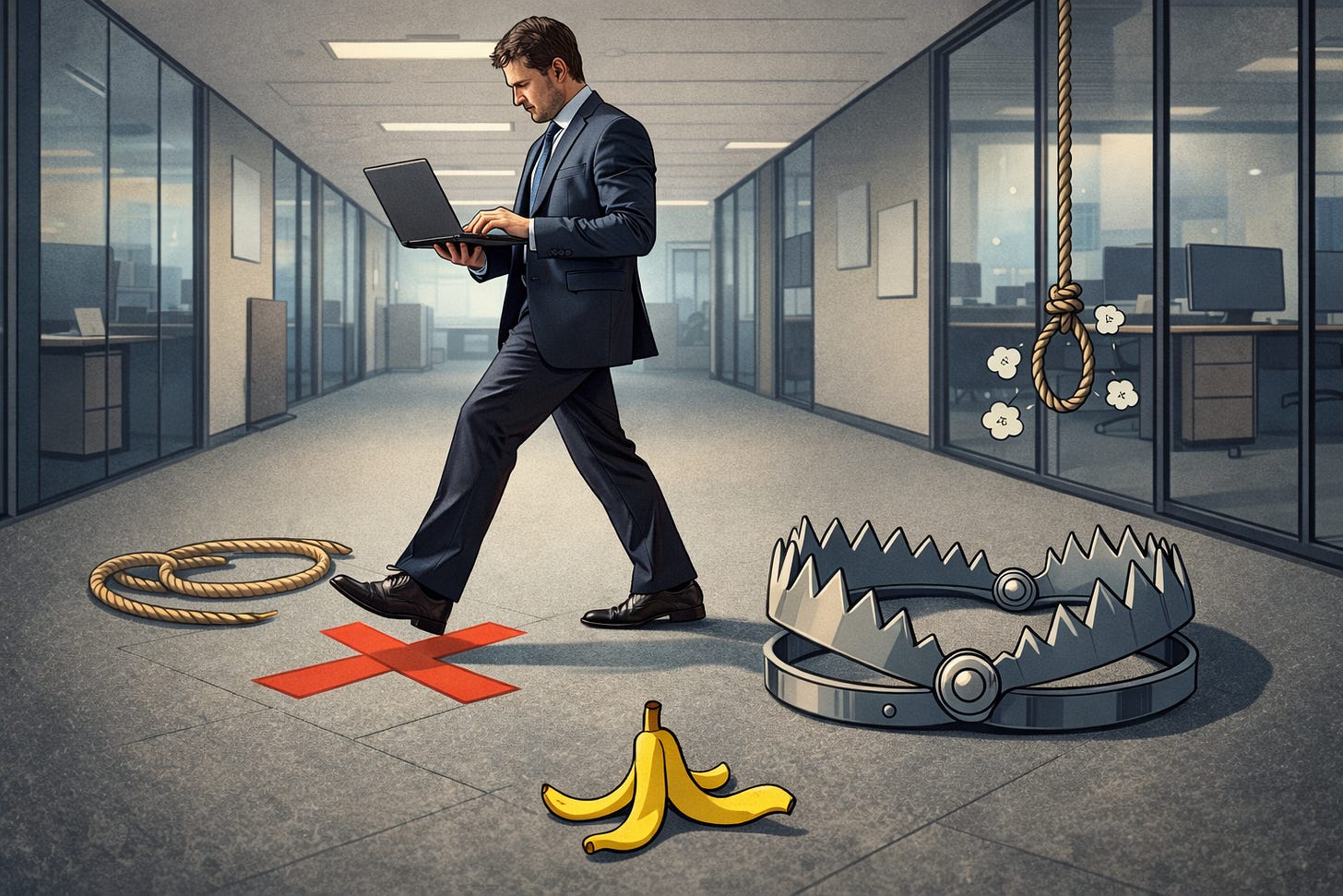 A professional in a business suit walks through a modern office hallway, eyes focused on their laptop, completely oblivious to cartoon-style   traps scattered across the floor: a bear trap with exaggerated teeth, a rope loop, a banana peel, and orange X marks painted on the ground.