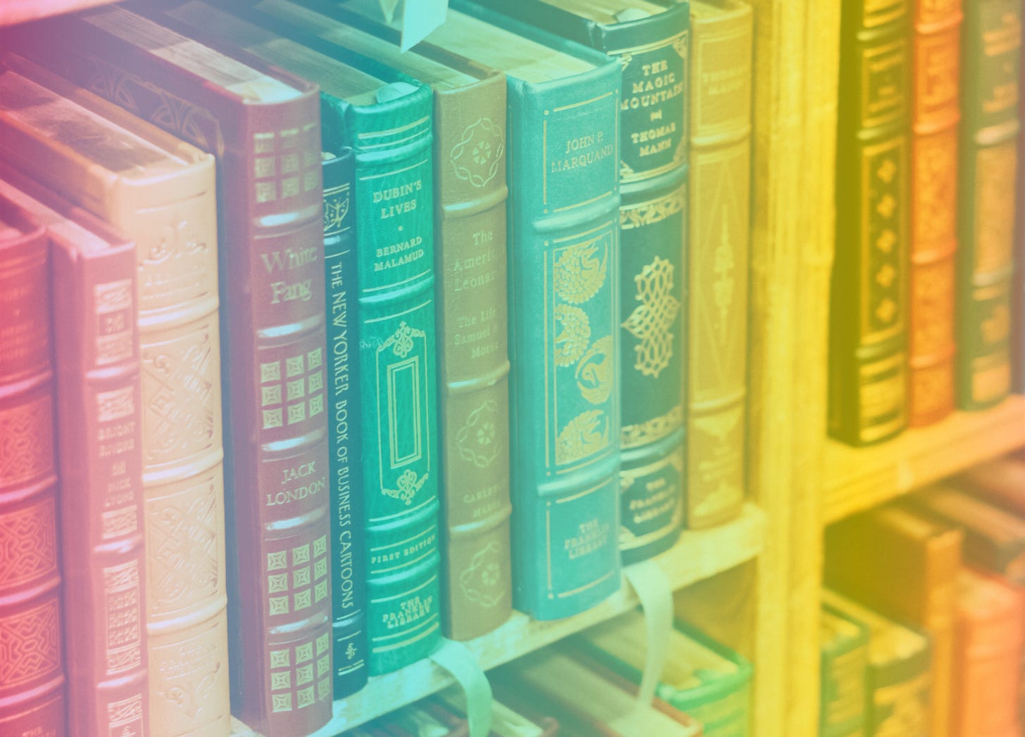 A rainbow-filtered image of colorful books in a bookcase