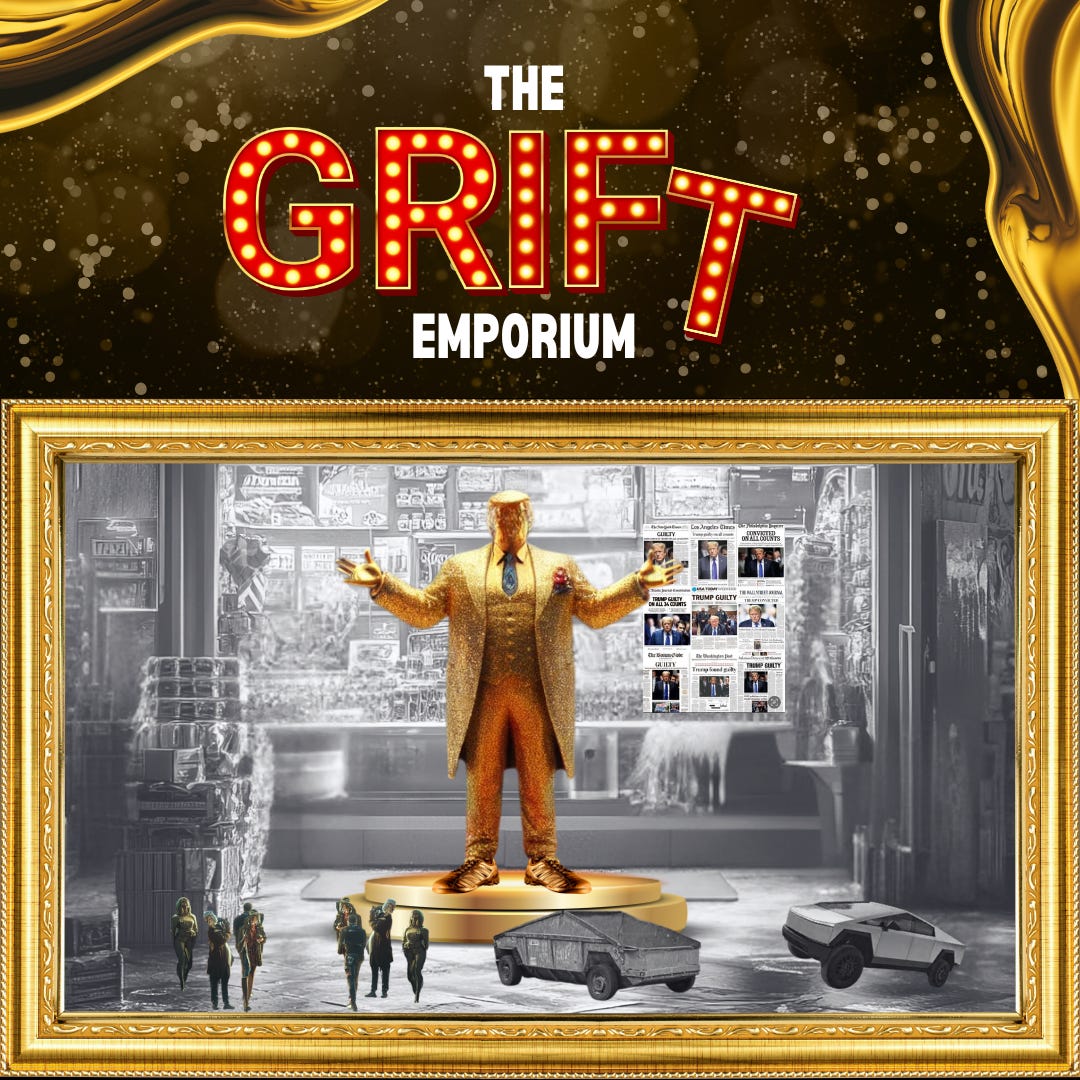 A satirical scene showing a gold-plated figure in a business suit and gold tennis shoes posed dramatically on a pedestal, arms outstretched messiah-style, against a black and white cityscape background. Newspaper headlines about (his) indictments float behind him, while angular vehicles reminiscent of failed Cybertruck designs circle below like devoted supplicants. The entire image is housed in an ostentatious gold frame, because subtlety is for losers.