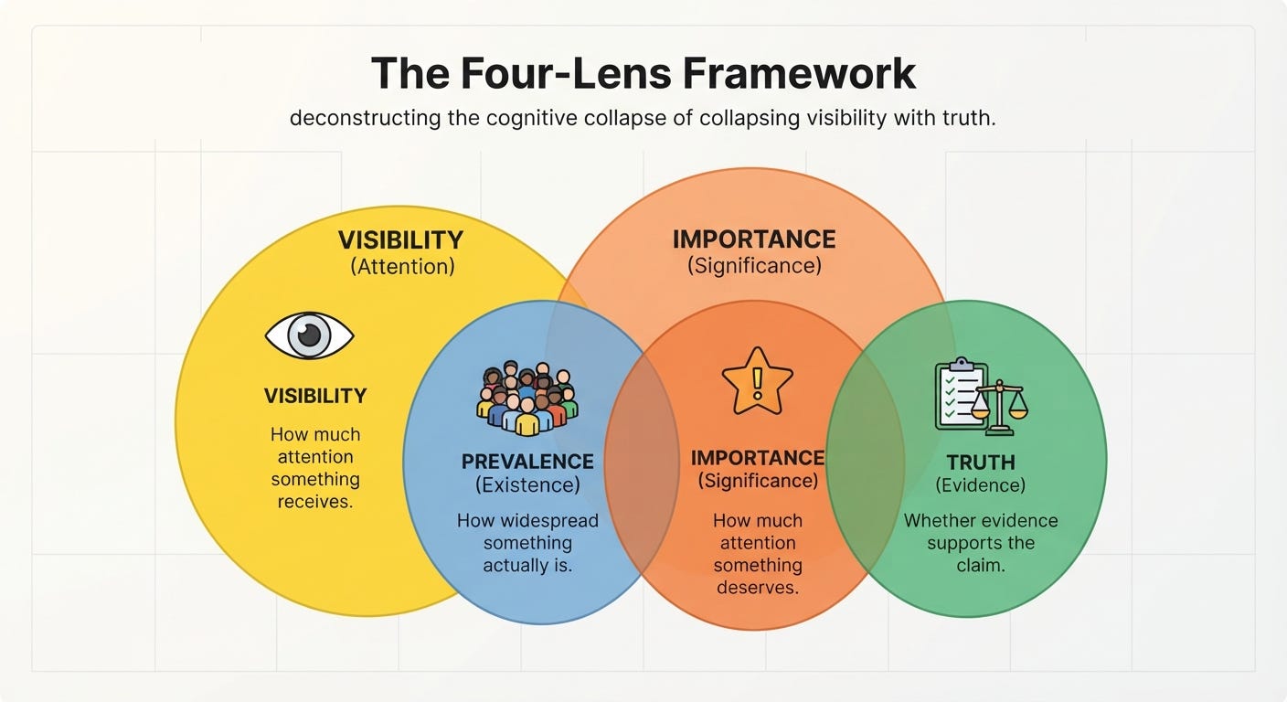 Four-part framework separating visibility, prevalence, importance, and truth, showing why high social media visibility does not necessarily mean something is common, important, or true. Four-part framework separating visibility, prevalence, importance, and truth, showing why high social media visibility does not necessarily mean something is common, important, or true.
