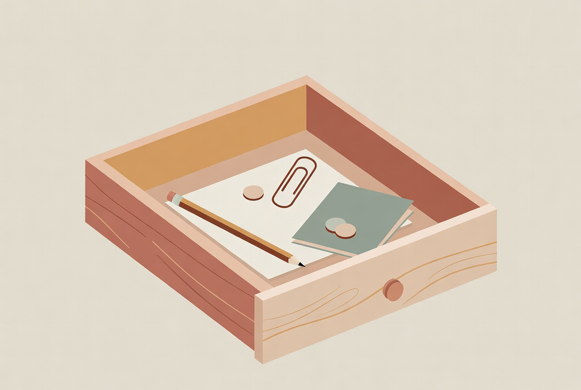 Paperclip in drawer with other objects like a pencil and coins