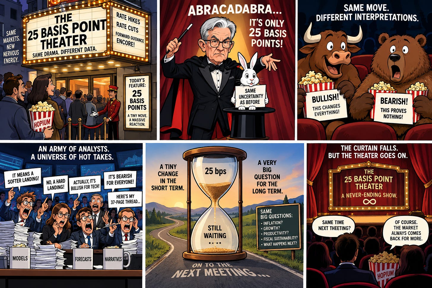 Six-panel cartoon shows a quarter-point announcement, opposing bull and bear interpretations, competing analyst forecasts, and a long wait for the next meeting.