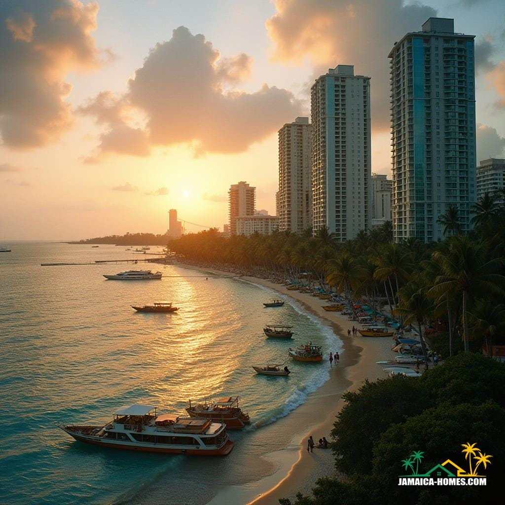 High-rise condos soaring above Montego Bay’s coast, reflective glass towers with tropical greenery spiraling upward, elevated walkways crossing between buildings, fishing boats on the water below
