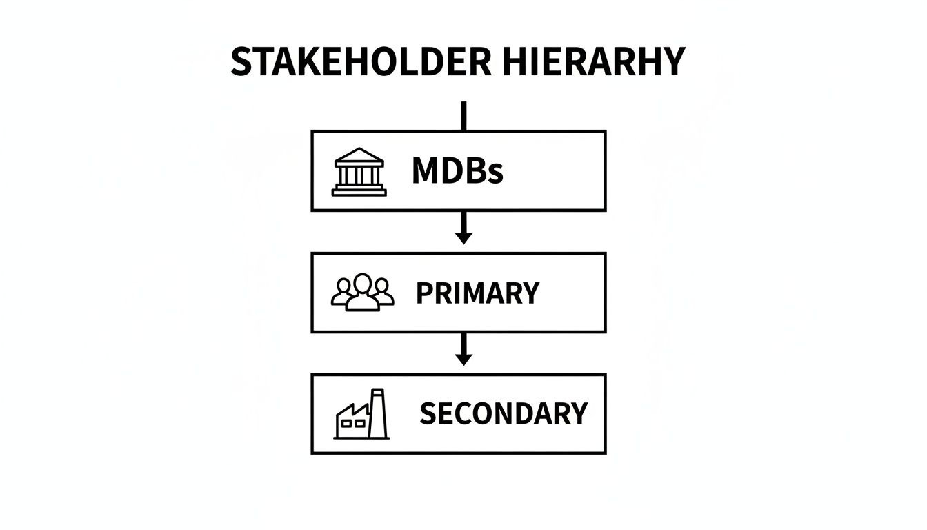 A diagram illustrating the stakeholder hierarchy with MDBs at the top, followed by Primary and Secondary levels.