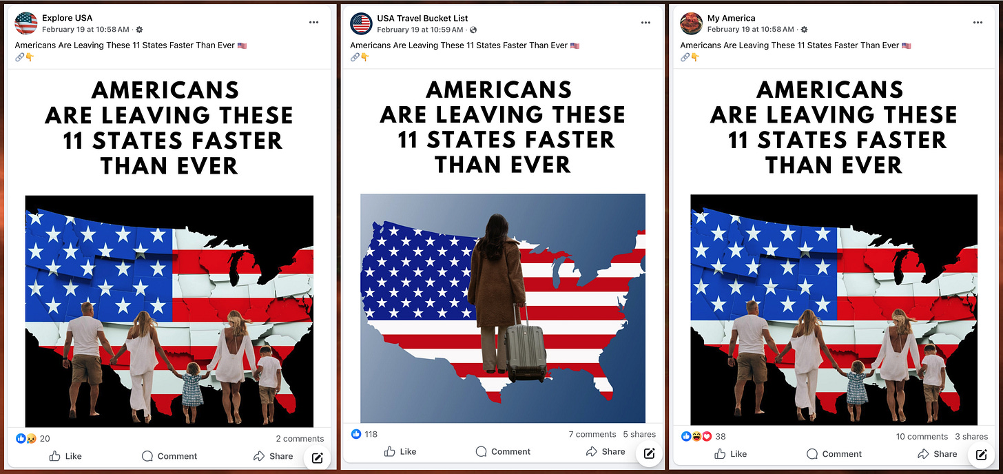 collage of posts with the title "AMERICANS ARE LEAVING THESE 11 STATES FASTER THAN EVER" collage of posts with the title "AMERICANS ARE LEAVING THESE 11 STATES FASTER THAN EVER"