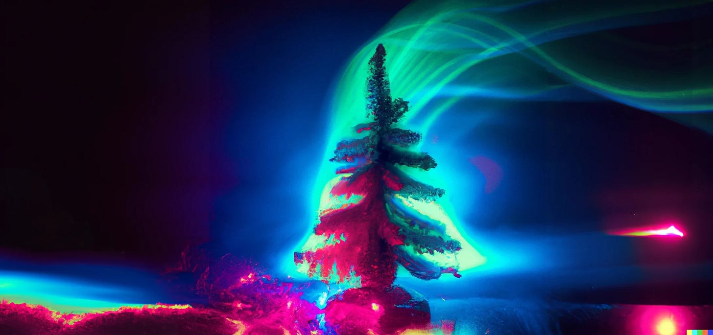 Image generated by DALL·E: A futuristic Christmas scene with a Christmas tree with candles, Lametta , synthwave style Image generated by DALL·E: A futuristic Christmas scene with a Christmas tree with candles, Lametta , synthwave style