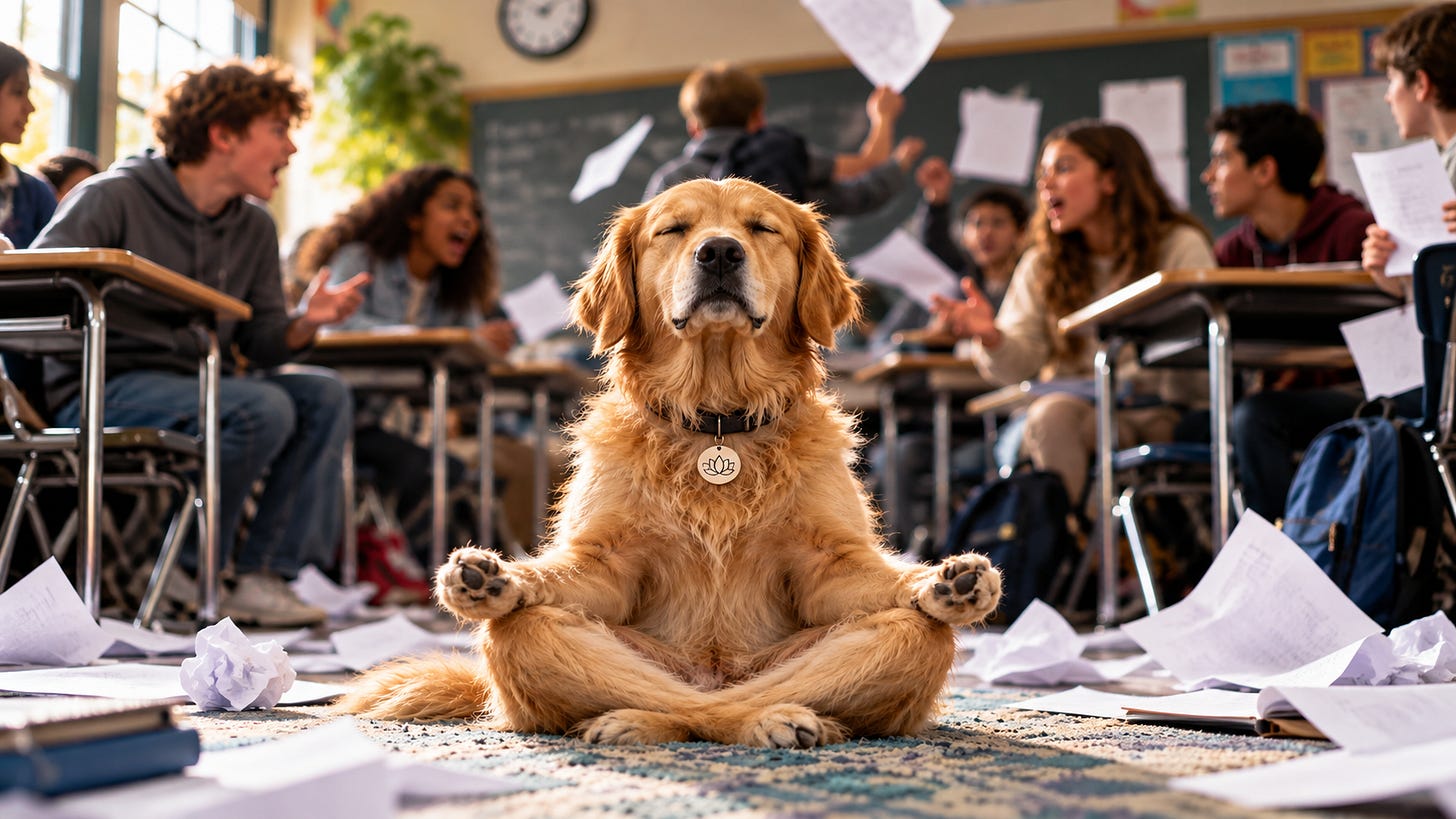 A golden retriever sits peacefully with eyes closed and paws raised in a meditation pose in the middle of a chaotic classroom. Students argue and gesture in the background while papers fly through the air.