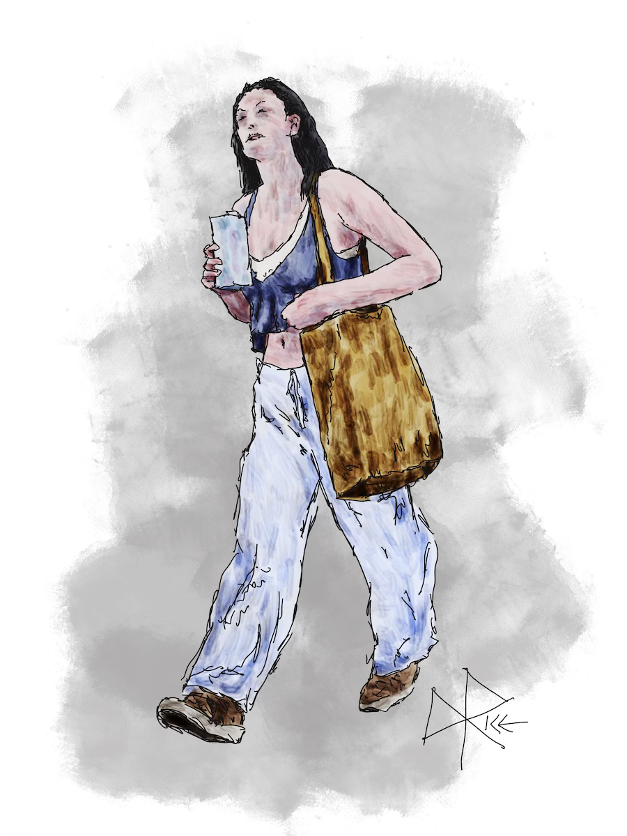 A woman walking with a canvas shopping bag slung over one crooked forearm and holding a beverage carton in her other hand. Sketch art by Don Rice. A woman walking with a canvas shopping bag slung over one crooked forearm and holding a beverage carton in her other hand. Sketch art by Don Rice.