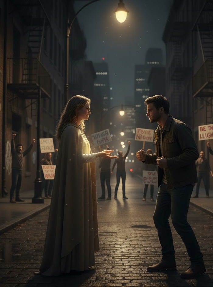 A nighttime city street where two people argue beneath a glowing streetlight, while a crowd nearby is protesting. One person beneath the light radiates soft golden light, symbolizing compassion and calm in a moment of division.