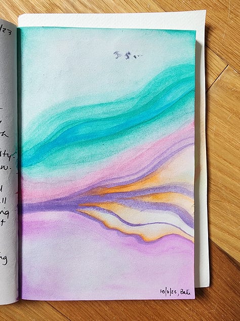 series of watercolor paintings in a sketchbook with flowers, roots, palm trees, and abstract artworks