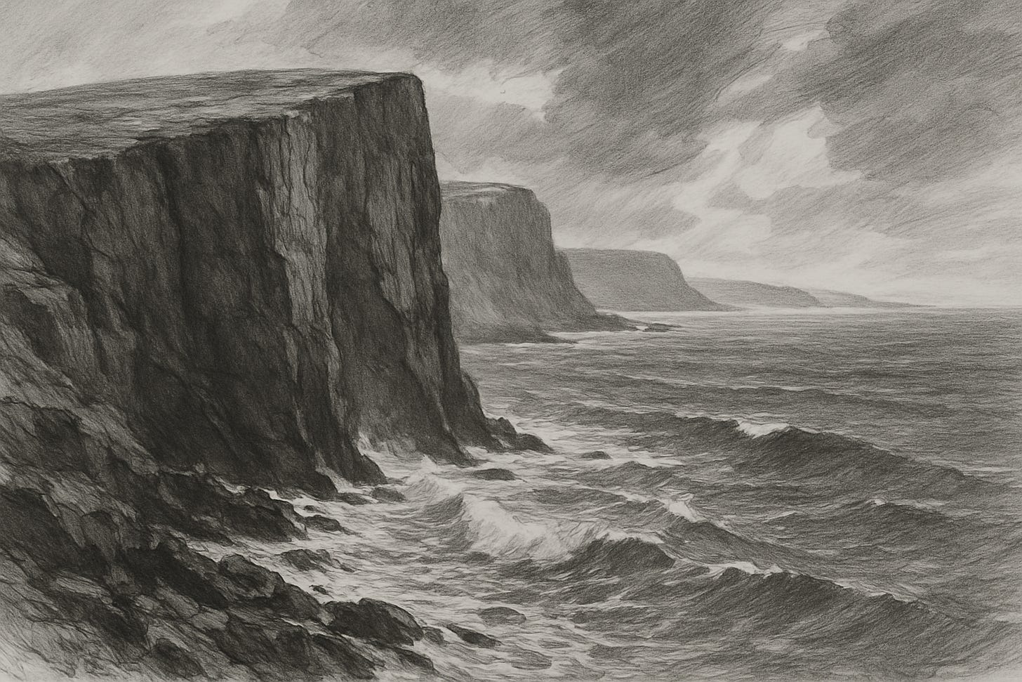 : immense water body, turbulent wave dynamics, dramatic shifting sky, irregular eroded edges of a rocky natural structure