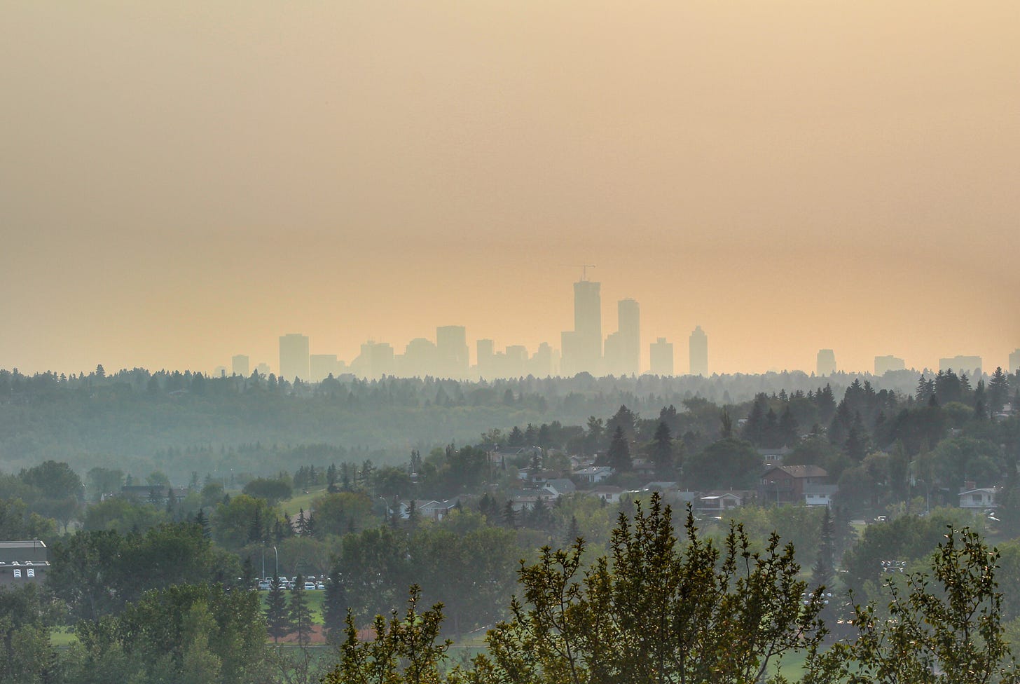 Landscape view of the Edmonton skyline on a very smoky day.