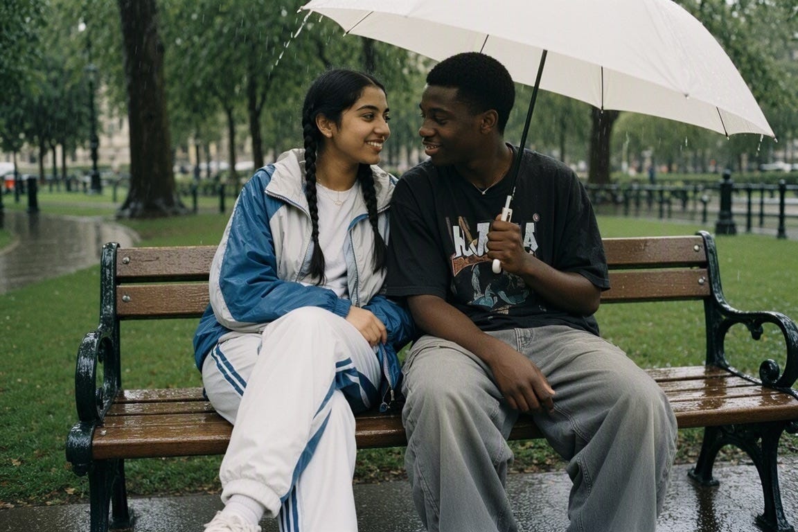 A young couple sitting on a park bench in a London park. The woman is Pakistani, the man Black. He is holding an umbrella to shield them from the rain. A young couple sitting on a park bench in a London park. The woman is Pakistani, the man Black. He is holding an umbrella to shield them from the rain.