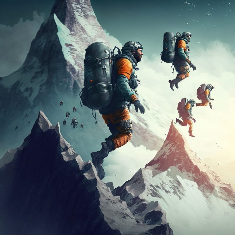 Mountain climbers with jetpacks climbing a mountain.