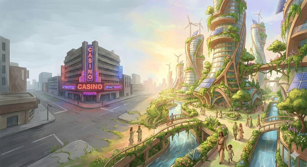 A city with green buildings and a bridge

AI-generated content may be incorrect.