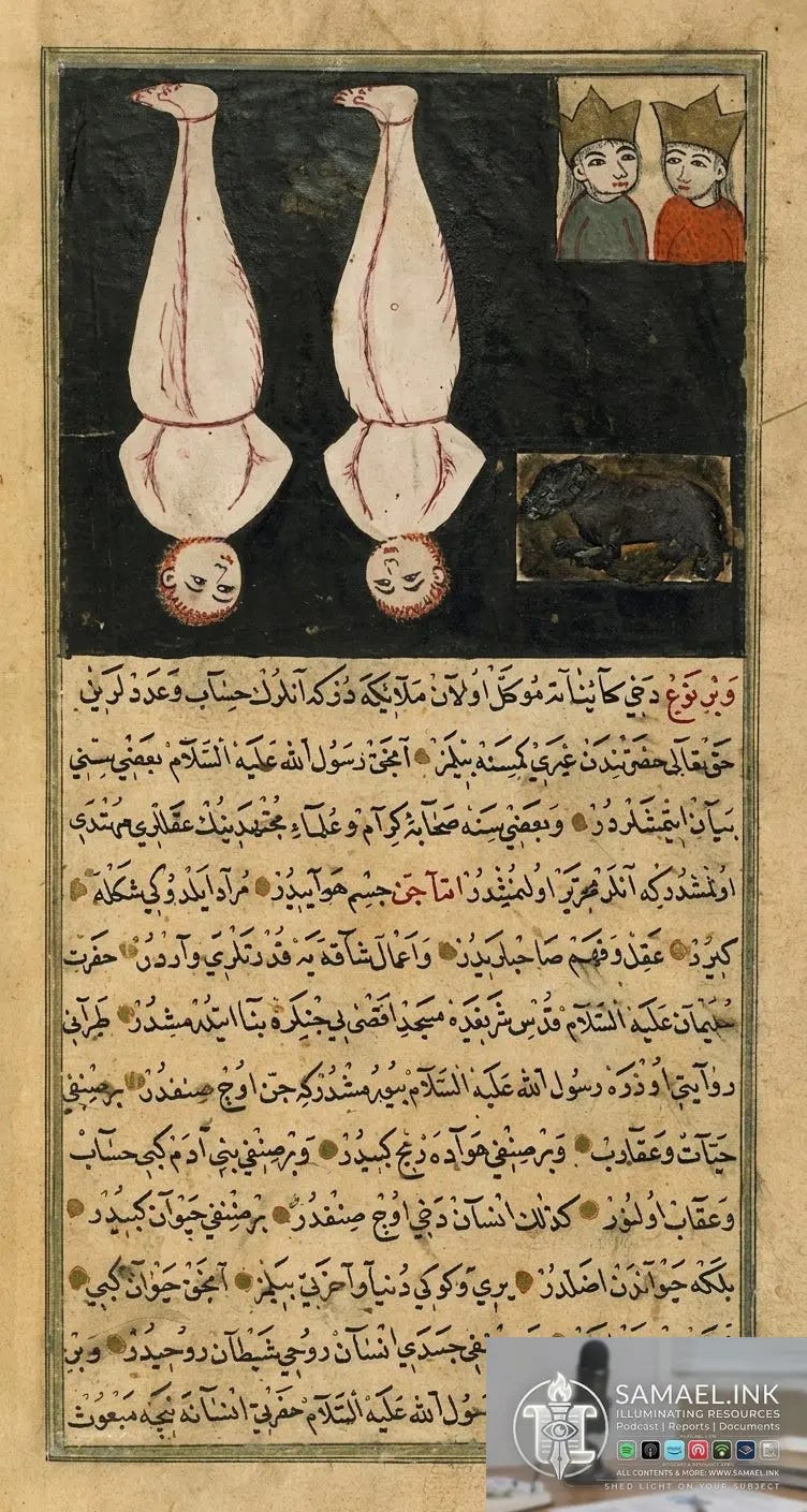 An 18th-century Ottoman Turkish manuscript illustration depicting the fallen angels Hārūt and Mārūt (Arabic: هَارُوْت وَمَارُوْت). The two figures are shown suspended upside down by their feet in a dark void, a traditional representation of their punishment in the well of Babylon. Below the illustration is a block of Nasta'liq calligraphy in Ottoman Turkish, with certain words highlighted in red ink. In the upper right corner, two smaller figures wearing crowns observe the scene, while a dark animal-like figure is partially visible in the center-right. An 18th-century Ottoman Turkish manuscript illustration depicting the fallen angels Hārūt and Mārūt (Arabic: هَارُوْت وَمَارُوْت). The two figures are shown suspended upside down by their feet in a dark void, a traditional representation of their punishment in the well of Babylon. Below the illustration is a block of Nasta'liq calligraphy in Ottoman Turkish, with certain words highlighted in red ink. In the upper right corner, two smaller figures wearing crowns observe the scene, while a dark animal-like figure is partially visible in the center-right.