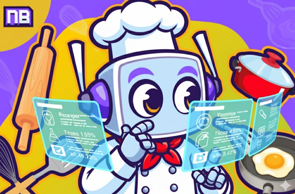 NeuralBuddy chef character, wearing a chef's hat and red bow tie, curiously checks recipe measurements displayed on multiple floating digital displays, showcasing ingredients and step-by-step instructions.