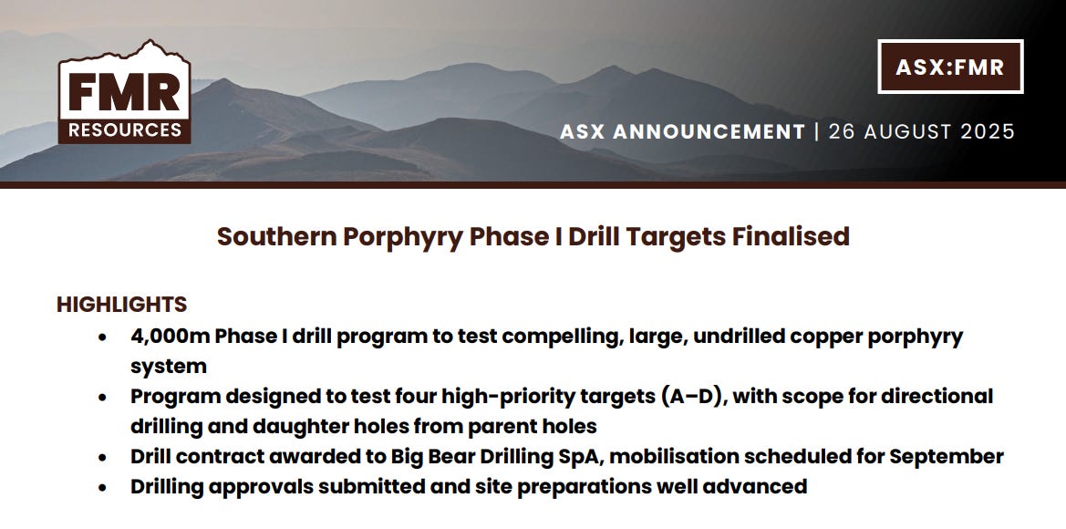 FMR Resources ASX announcement highlighting 4,000m Phase I drill program at Southern Porphyry, 26 August 2025.