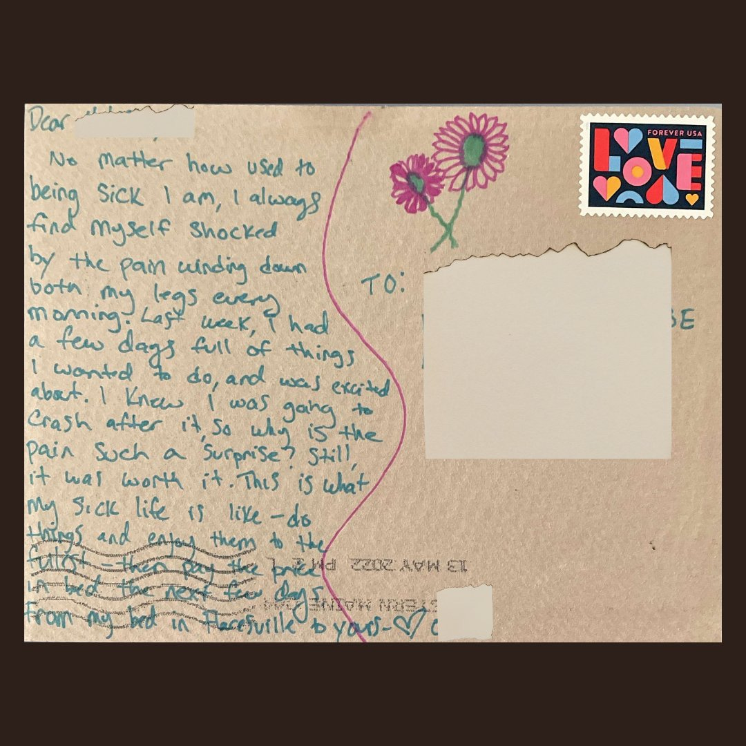 The reverse of a postcard against a black background. The stamp is in the top right corner and says LOVE in various pastel colour. The ink is green and the letter is about a painflare.