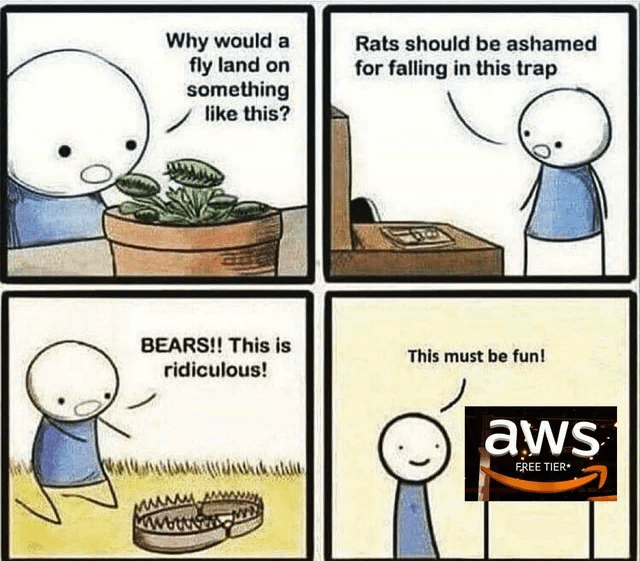 r/ProgrammerHumor - Why would a fly land on something like this? Rats should be ashamed for falling in this trap BEARS!! This is ridiculous! This must be fun! aws FREE TIER r/ProgrammerHumor - Why would a fly land on something like this? Rats should be ashamed for falling in this trap BEARS!! This is ridiculous! This must be fun! aws FREE TIER