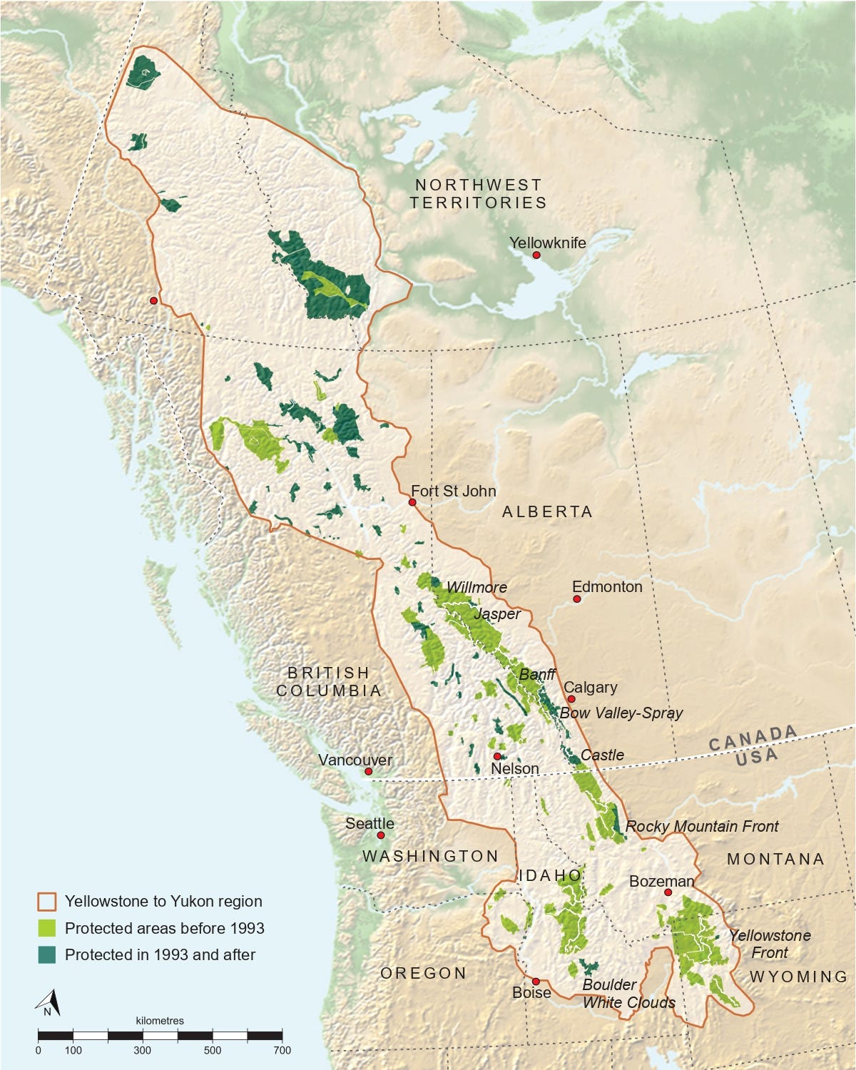 The Yellowstone to Yukon Conservation Initiative is trying to create giant “corridor” across the Rocky Mountains from the Greater Yellowstone ecosystem in the U.S. to Canada’s Yukon Territory in the north, stretching 3,400 kilometers (2,100 miles) and spanning five U.S. states, two Canadian provinces and at least 75 Indigenous territories. Map courtesy of Y2Y.
