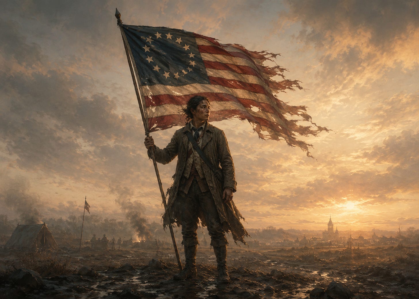 A battle-worn revolutionary stands at dawn on a muddy field, holding a tattered 13-star American flag in strong wind. Smoke, an encampment, and a distant town fade into the background as the figure looks toward the horizon with quiet resolve.