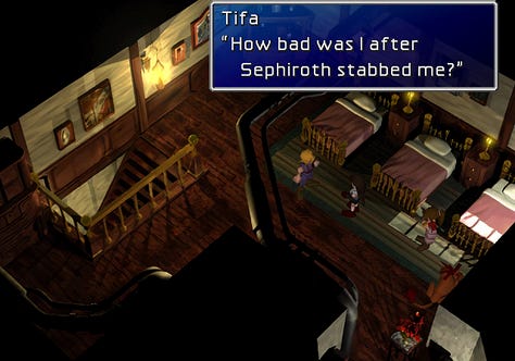 Tifa: "..." — "How bad was I after Sephiroth stabbed me?" — "No...it was 5 years ago. I don't remember."