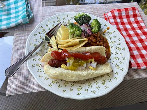 Grilled peaches, chicken, salmon, and delicious food