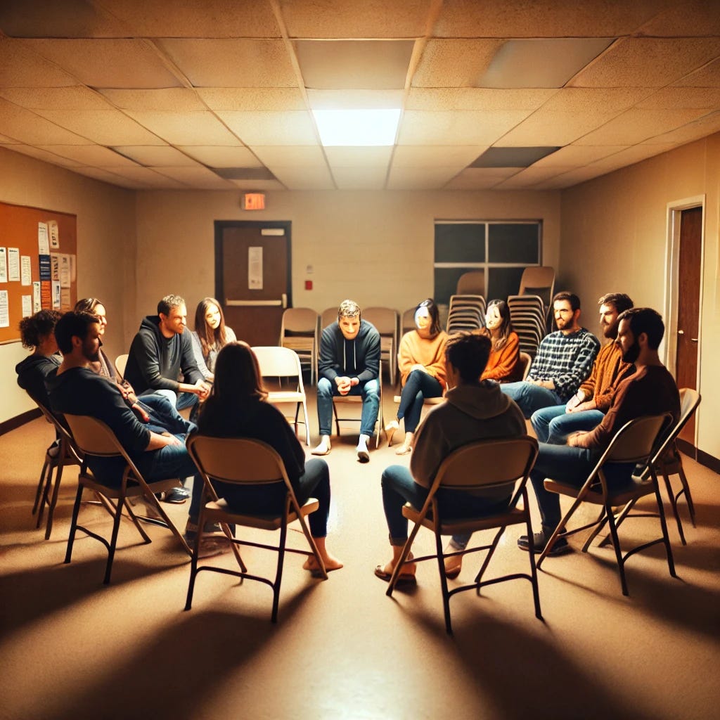 A group of people sitting in a circle on folding chairs in a church basement. The setting has dim lighting, beige walls, and a linoleum floor. The individuals are engaged in a casual conversation, with one person looking thoughtful. The atmosphere is warm and communal, with a sense of support and discussion. A bulletin board and a few posters are visible in the background.