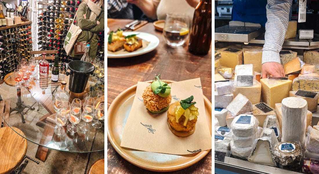 Three pictures - one of a glass table with wine glasses, one of a plate of croquettes, and one of a cheese counter