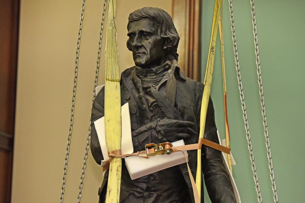 The statue of Thomas Jefferson was taken out of City Hall today The statue of Thomas Jefferson was taken out of City Hall today