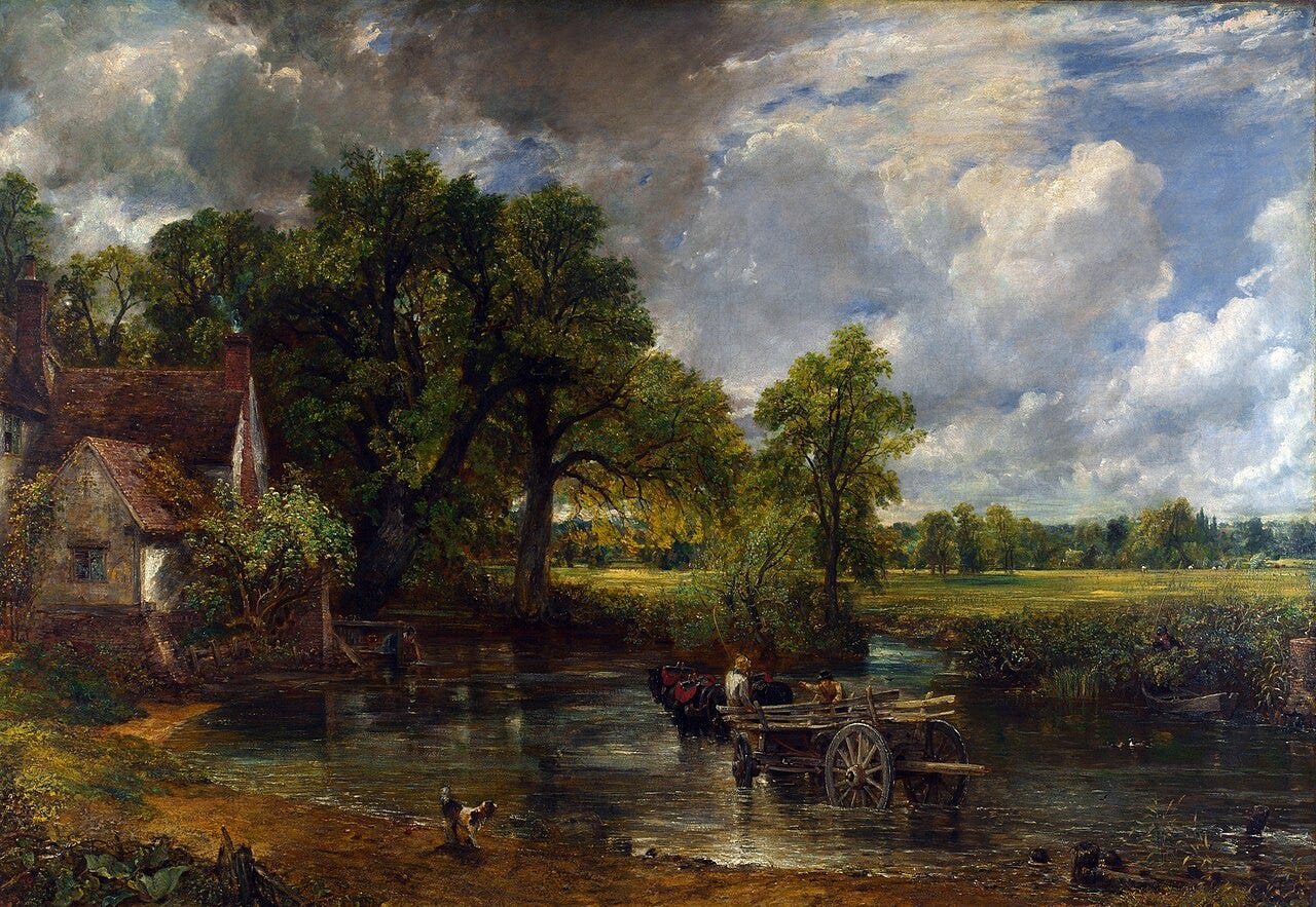 Constable's Hay Wain with a broad cloudy English sky over the river Constable's Hay Wain with a broad cloudy English sky over the river