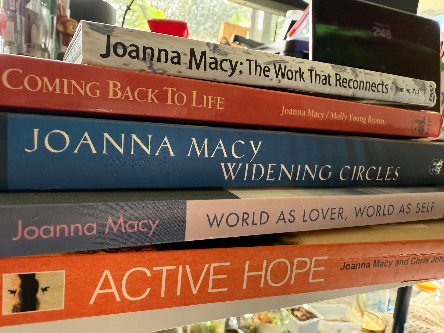 A stack of Joanna Macy's books: The Work that Reconnects (CD), Coming Back to Life, Widening Circles, World as Lover, World as Self, and Active Hope. 