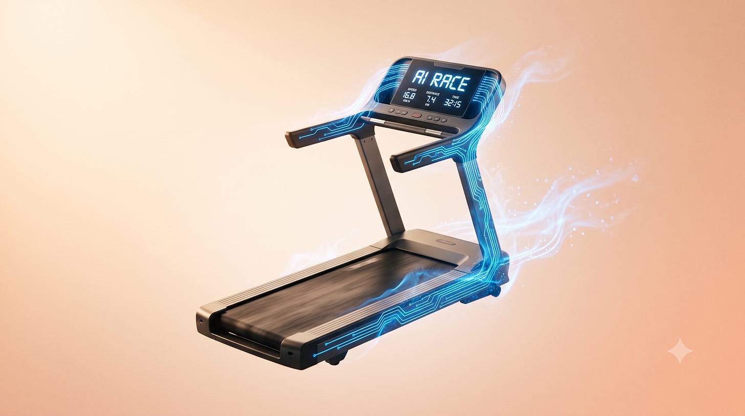 Floating sleek treadmill with glowing blue circuitry and AI RACE on its console — the AI race is a fool's errand | Leadership in Change by Joel Salinas