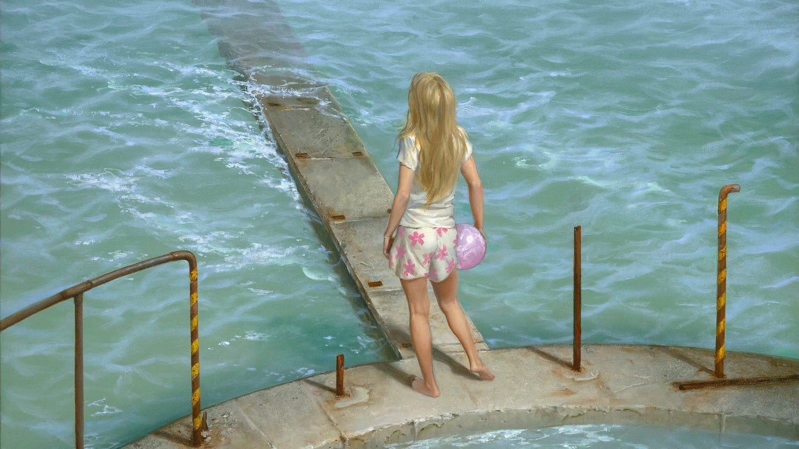 Detail from SEAWALL featuring a girl staring down a concrete causeway that descends into the rippling ocean. She wears shorts patterned with pink 5-pointed blossoms and a plain white shirt. Long blonde hair falls to her waist. Beside her the concrete curves. Rusty rebar sticks out forming a railing with yellow caution stripes where the metal hasn’t snapped off.