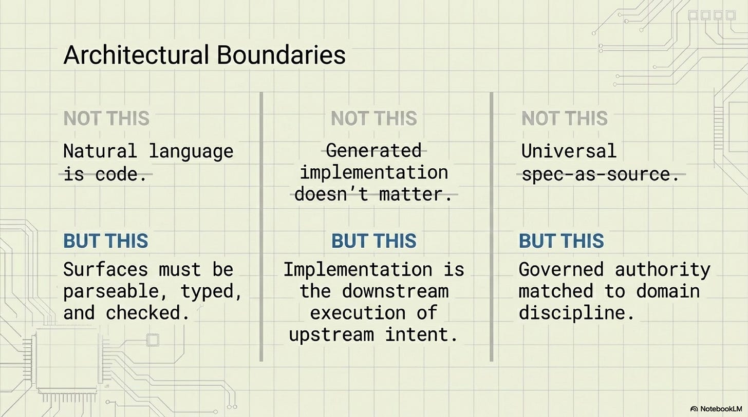 The architectural boundary is governed authority, not syntax