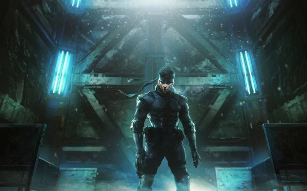 HD PC desktop wallpaper and background — Metal Gear Solid video game scene: lone armored operative stands in a misty, blue-lit industrial hangar.