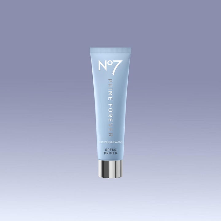 Side-by-side product tubes of No7 Prime Forever Skin Preservation SPF 50 in a blue tube and No7 Future Renew Damage Protection SPF 50 in a white tube.