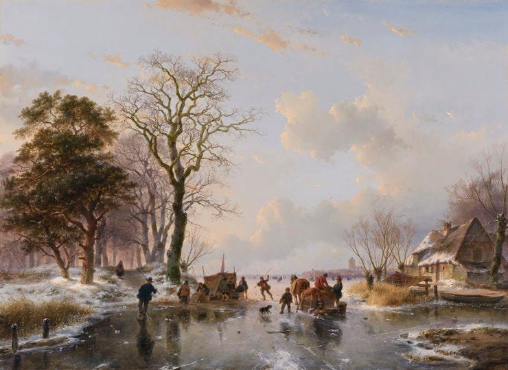 'Een Hollands winterlandschap met schaatsenrijders, een paardenslee en een koek-en-zopie' Olieverf op paneel: Andreas Schelfhout (bron: Kunsthandel Bies) 'Een Hollands winterlandschap met schaatsenrijders, een paardenslee en een koek-en-zopie' Olieverf op paneel: Andreas Schelfhout (bron: Kunsthandel Bies)