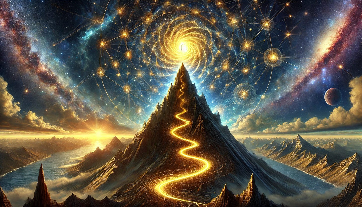 A surreal and philosophical artwork combining Friedrich Nietzsche's concept of the 'will to power' and John Vervaeke's concept of 'relevance realization.' The image features a towering mountain symbolizing ambition and striving, with a golden path spiraling up the mountain, representing the journey of self-overcoming and growth. At the summit, an abstract, radiant figure symbolizes the ultimate realization of potential. Surrounding the mountain, a vast, cosmic web of interconnected nodes and glowing strands represent the process of relevance realization, weaving together meaning and insight. The scene is illuminated by a dynamic, otherworldly light that blends natural and cosmic elements, emphasizing both struggle and clarity.