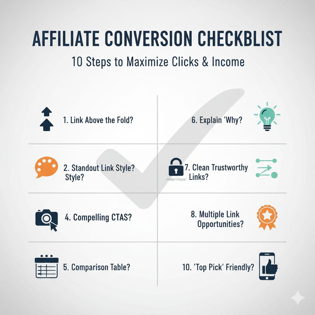 A graphic of a 10-point affiliate conversion checklist showing key steps to maximize clicks on a blog post.