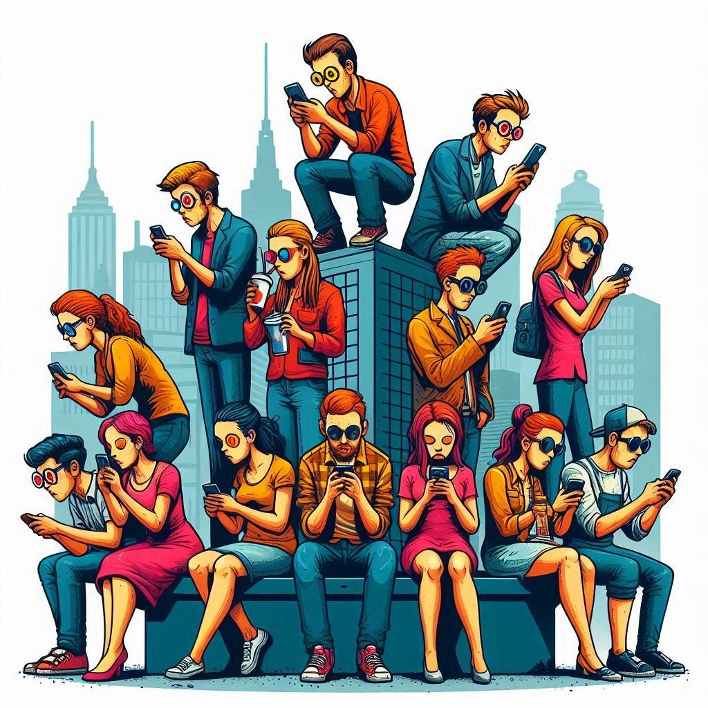 The image depicts a group of individuals, seemingly ignoring each other as they are captivated by their cell phones.