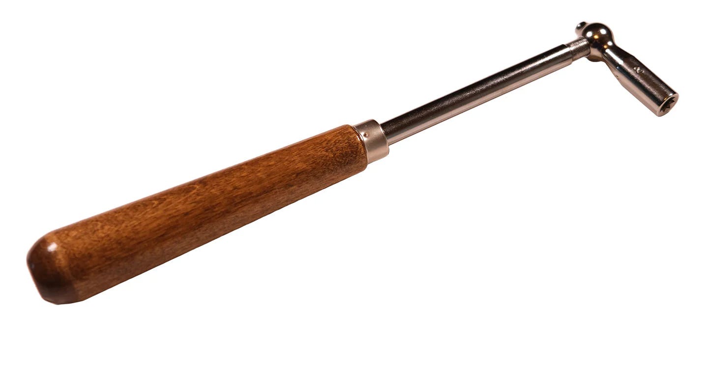 a wooden-handled tool with a stainless sleetl shaft and head a wooden-handled tool with a stainless sleetl shaft and head