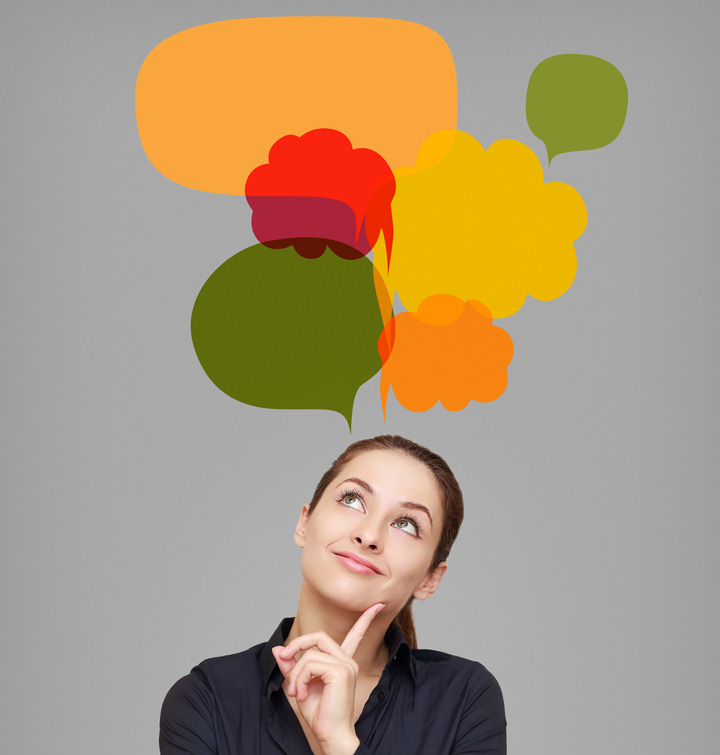 Woman with thought bubbles around her