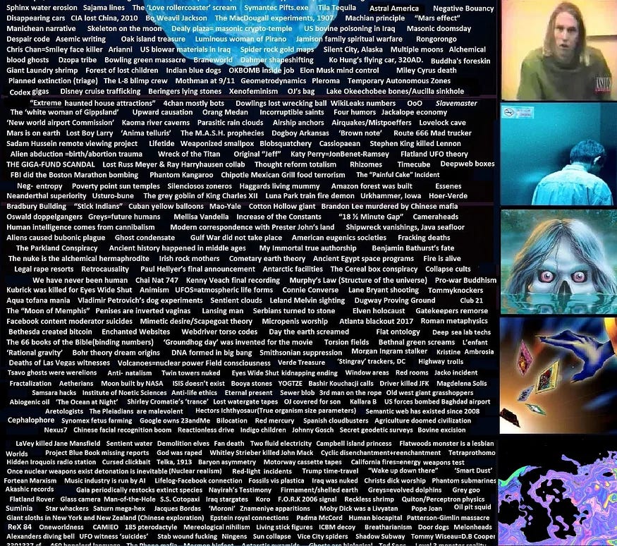 A chunk of the Conspiracy Icberg meme, showing five segments that each have dozens of topics within them.