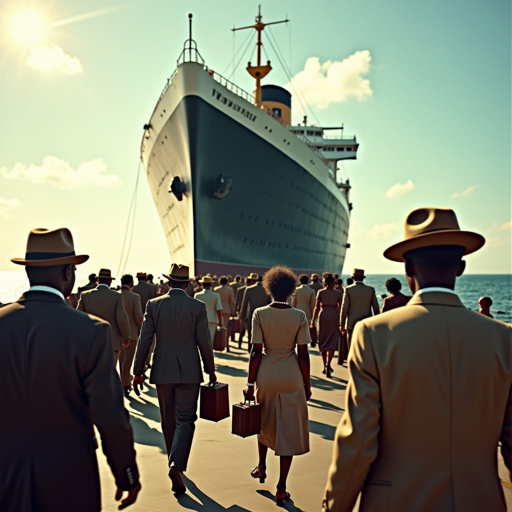 Historical HMT Empire Windrush ship arriving in Britain, 1940s, warm sunlight casting long shadows, clear blue skies, calm waters, reflecting the optimism of the era. Black Jamaican passengers, dressed in authentic attire, bustling on deck: men in suits, fedoras, and trilbies, some holding vintage suitcases, others wearing casual work clothing; women in modest, knee-length dresses, headscarves, and pearl necklaces, exuding hope, curiosity, and pride. The ship's massive structure towers behind, 'Windrush' emblazoned on its side in bold, Art Deco lettering. Inspired by the cinematography of Roger Deakins, influenced by the vibrant colors of Gordon Parks, and the poignant realism of Malick Sidibé, with a touch of classical Hollywood grandeur.