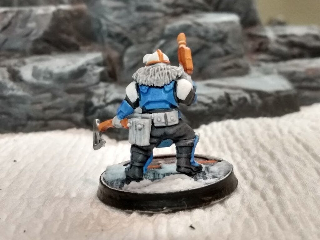 IcePlanet 2002 Squat soldier. A Wargames Atlantic 'Einherjar' miniature painted in classic Lego space colors.